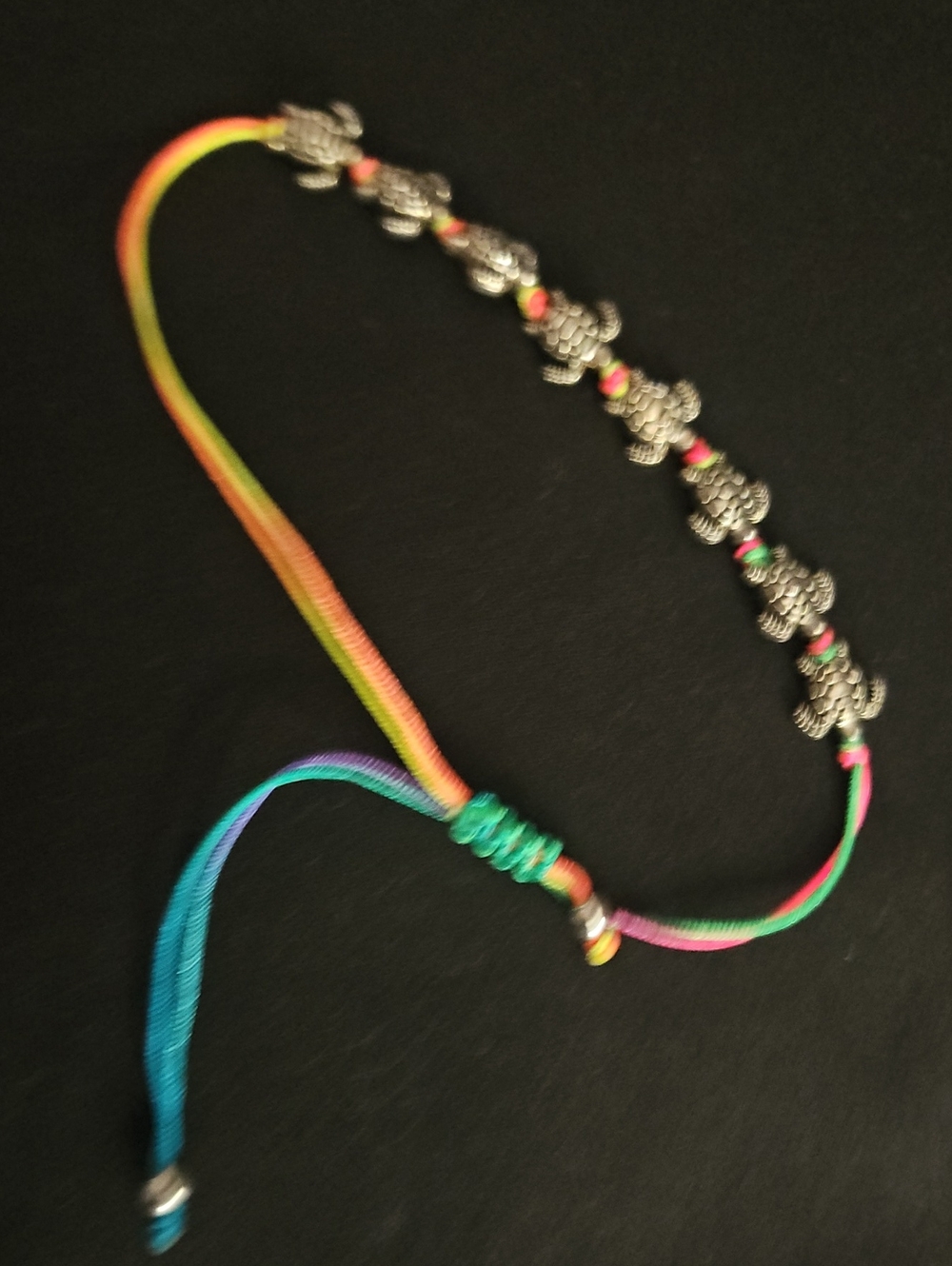NWOT Rainbow Cord Bracelet with Silver Turtle Beads